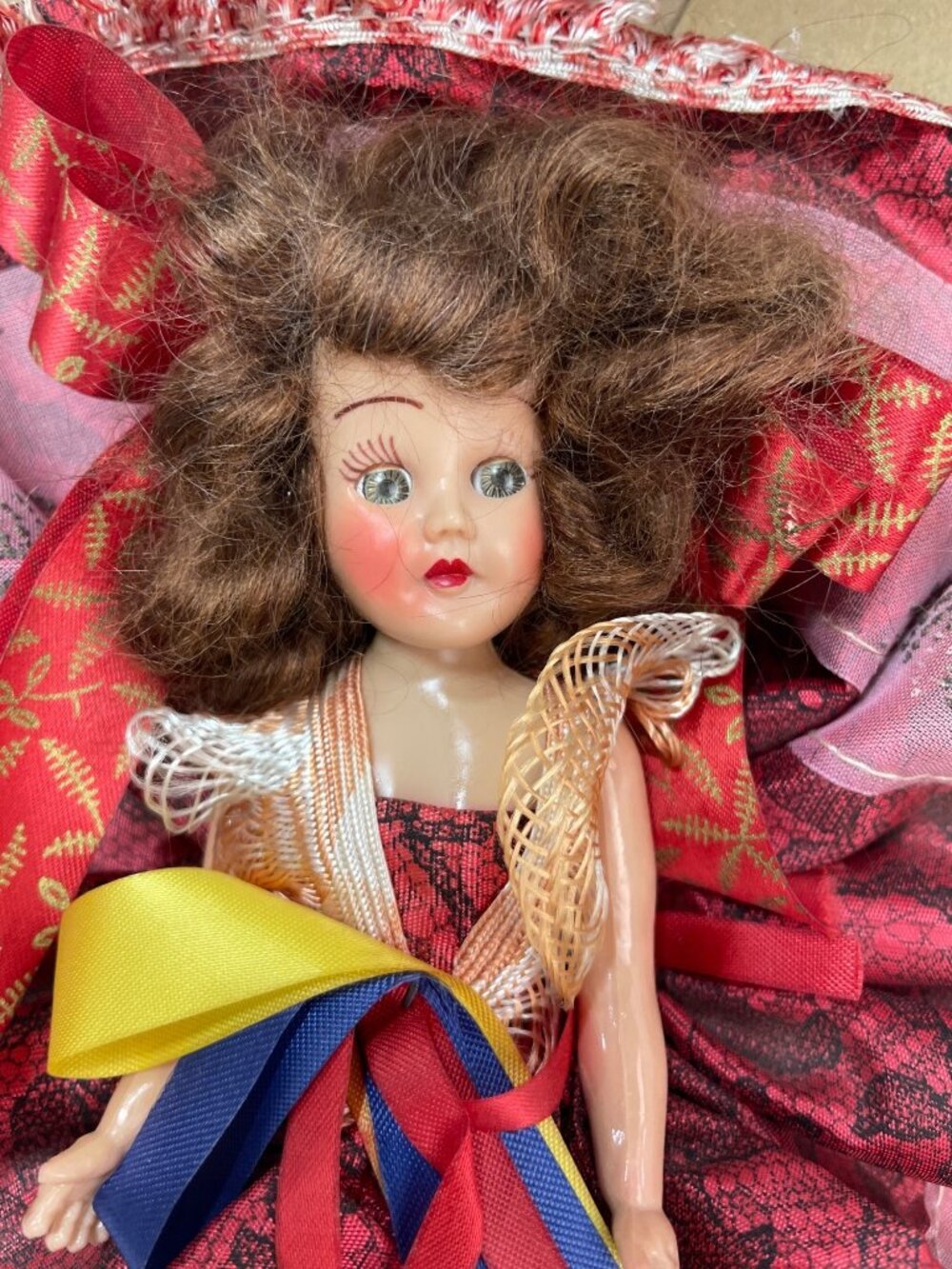 Vintage Collectible Doll With Red Lace Dress & Ribbons Brown Hair Original Box